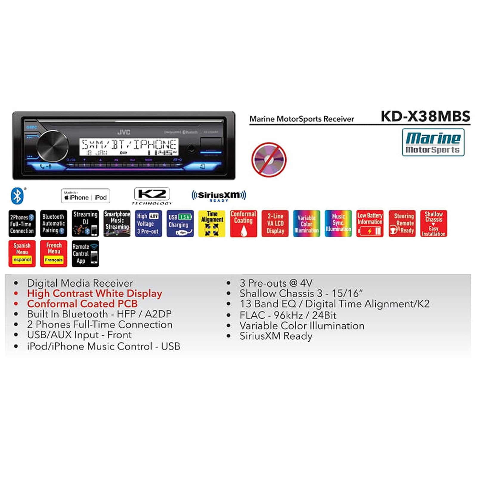 Jvc Kd-X38Mbs Single Din Marine Motorsports Bluetooth Usb Aux Am/Fm Radio Stereo Receiver Bundle Combo With 2X 6.5 2-Way 100 Wat